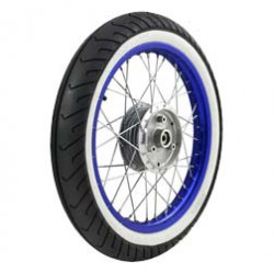 Komplettrad - VORNE - 1,5x16 Zoll - Alufelge blau eloxiert und poliert, Chromspeichen - MITAS-Weißwandreifen MC2 montiert Komplettrad - VORNE - 1,5x16 Zoll - Alufelge blau eloxiert und poliert, Chromspeichen - MITAS-Weißwandreifen MC2 montiert