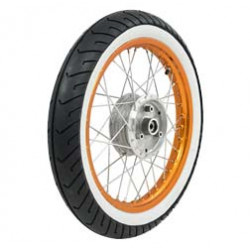 Komplettrad - VORNE - 1,5x16 Zoll - Alufelge orange eloxiert und poliert, Chromspeichen - MITAS-Weißwandreifen MC2 montiert Komplettrad - VORNE - 1,5x16 Zoll - Alufelge orange eloxiert und poliert, Chromspeichen - MITAS-Weißwandreifen MC2 montiert