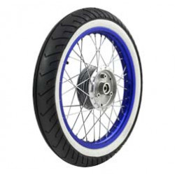 Komplettrad - VORNE - 1,5x16 Zoll - Alufelge blau eloxiert und poliert, Edelstahlspeichen - MITAS-Weißwandreifen MC2 montiert Komplettrad - VORNE - 1,5x16 Zoll - Alufelge blau eloxiert und poliert, Edelstahlspeichen - MITAS-Weißwandreifen MC2 montiert