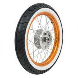 Komplettrad - VORNE - 1,5x16 Zoll - Alufelge orange eloxiert und poliert, Edelstahlspeichen - MITAS-Weißwandreifen MC2 montiert Komplettrad - VORNE - 1,5x16 Zoll - Alufelge orange eloxiert und poliert, Edelstahlspeichen - MITAS-Weißwandreifen MC2 montiert