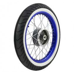 Komplettrad - HINTEN - 1,5x16 Zoll - Alufelge blau eloxiert und poliert, Chromspeichen - MITAS-Weißwandreifen MC2 montiert Komplettrad - HINTEN - 1,5x16 Zoll - Alufelge blau eloxiert und poliert, Chromspeichen - MITAS-Weißwandreifen MC2 montiert