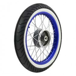 Komplettrad - HINTEN - 1,5x16 Zoll - Alufelge blau eloxiert und poliert, Edelstahlspeichen - MITAS-Weißwandreifen MC2 montiert Komplettrad - HINTEN - 1,5x16 Zoll - Alufelge blau eloxiert und poliert, Edelstahlspeichen - MITAS-Weißwandreifen MC2 montiert