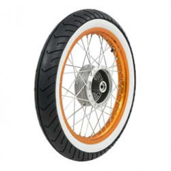 Komplettrad - HINTEN - 1,5x16 Zoll - Alufelge orange eloxiert und poliert, Edelstahlspeichen - MITAS-Weißwandreifen MC2 montiert Komplettrad - HINTEN - 1,5x16 Zoll - Alufelge orange eloxiert und poliert, Edelstahlspeichen - MITAS-Weißwandreifen MC2 montiert